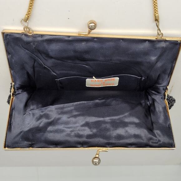 Vintage Black Beaded Kiss Closure Chain Top Handle Evening Cocktail Handbag Bag - Picture 7 of 13